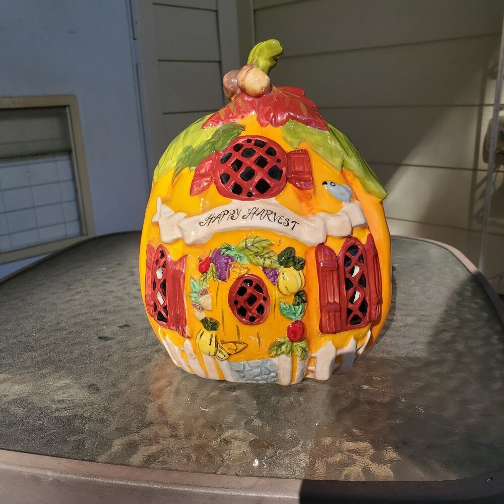 NWOT Hearth Goldmine Blue Sky Happy Harvest Pumpkin Tealight Candle Holder